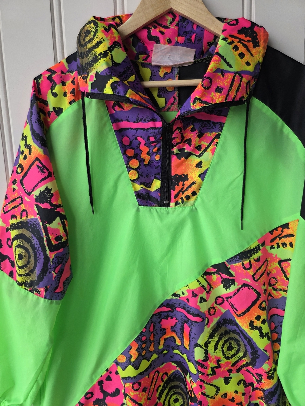 Action Gem Retro 90s Neon Green Multicolor Windbreaker Jacket Unisex Large 14/16 - Picture 2 of 10